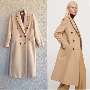MANGO Camel Tan Long Wool Coat Double Breasted Wool Blend Lapel Trench Coat Sz S